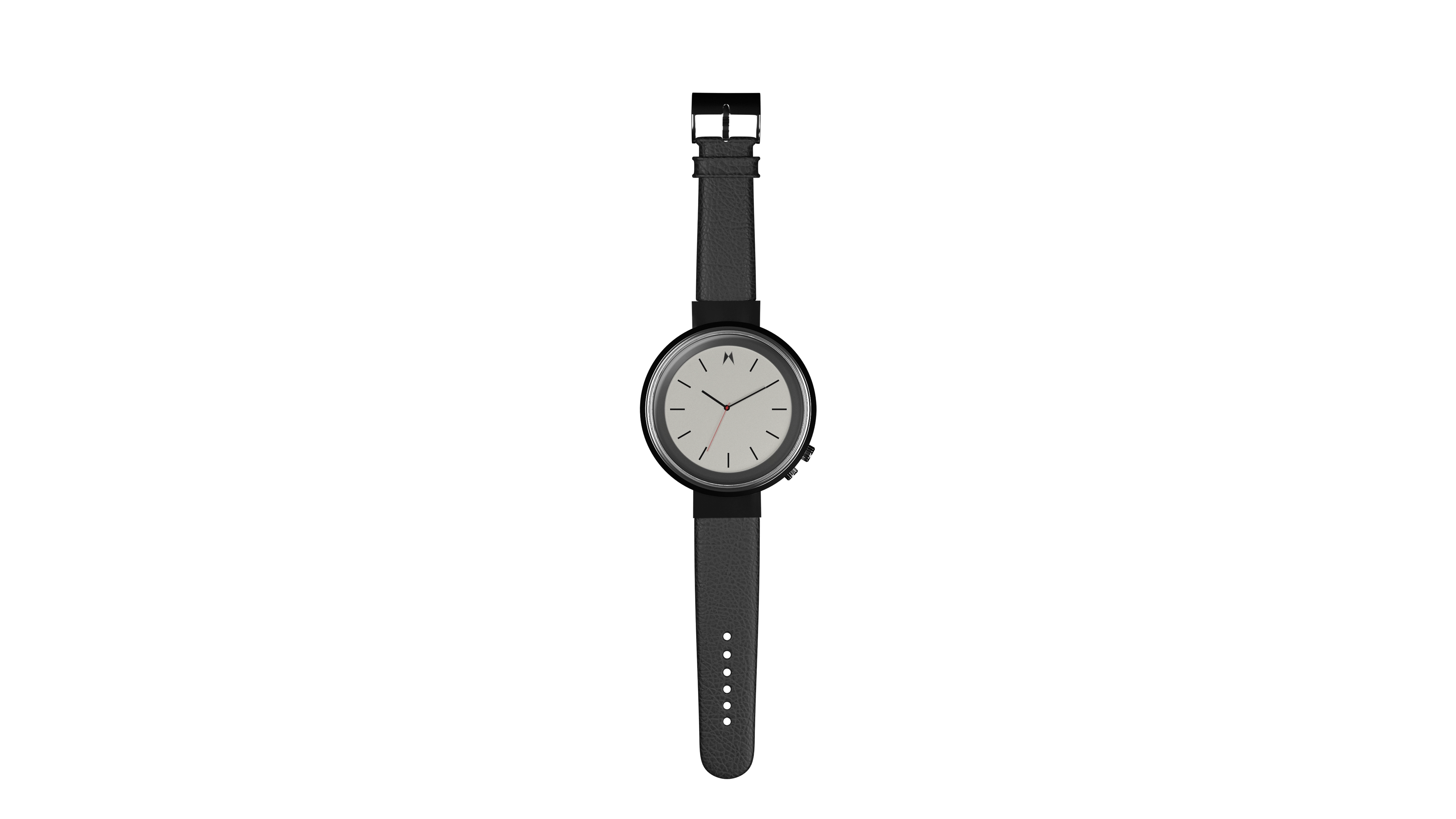 Silver wristwatch with black leather strap